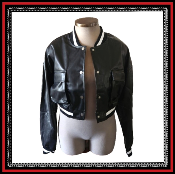 AQ SPORT ☆ CROPPED VARSITY STYLE ☆ FAUX LEATHER JACKET ☆ NWT - Picture 1 of 10